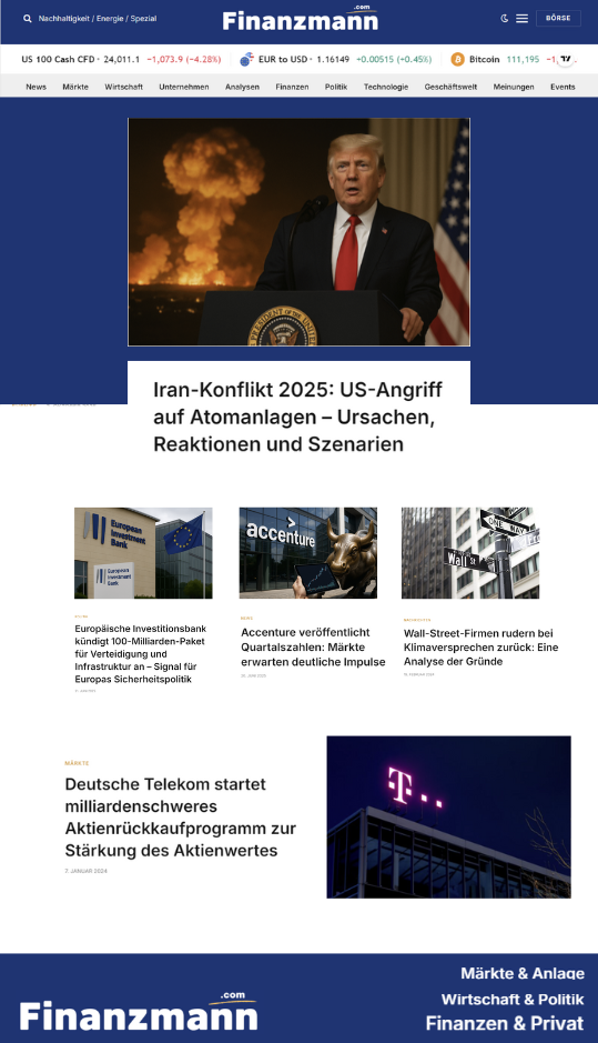 Screenshot der Startseite von Finanzmann.com, entwickelt von responsev.de – automatisiertes Finanzportal mit KI-generierten Nachrichten und Faktenprüfung.