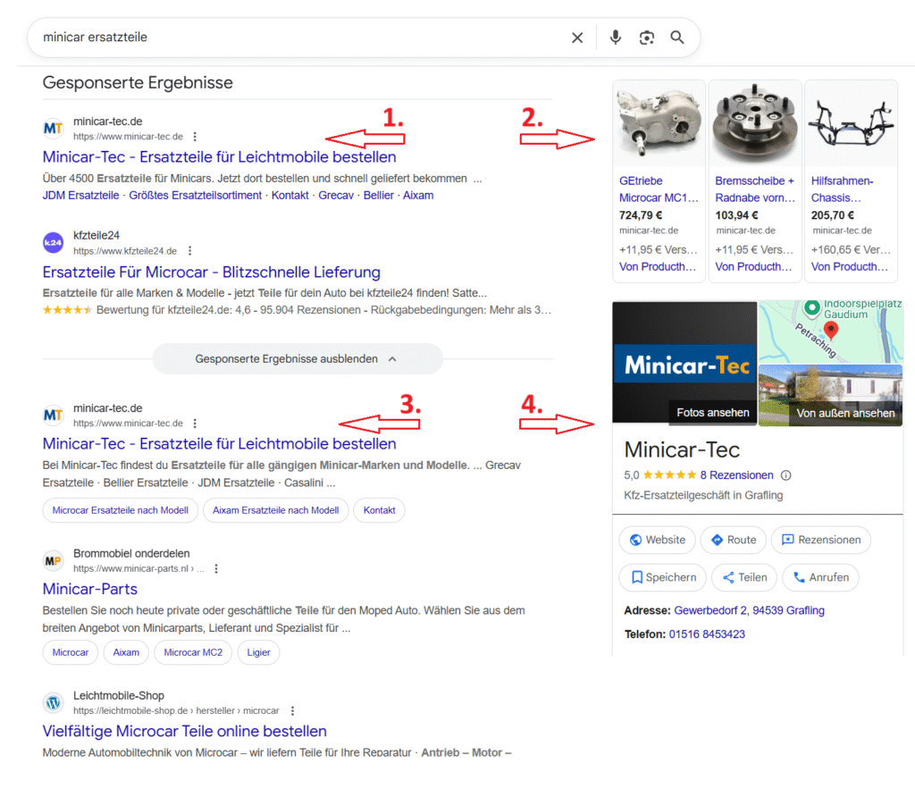 Screenshot der Google-Suchergebnisse für „Minicar Ersatzteile“, mit Minicar-Tec auf Top-Position in Text-, Shopping-, Maps- und organischen Einträgen
