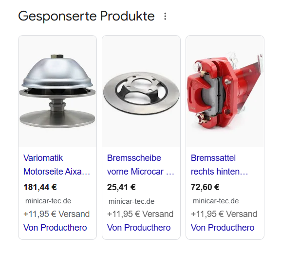Screenshot der Google Shopping Kampagne für Minicar-Tec, optimiert auf Kaufanfragen und hohe Conversion-Rates im Ersatzteile-Segment