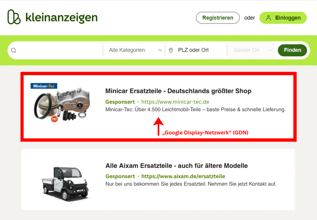 Anzeige von Minicar-Tec im Google Display-Netzwerk auf Kleinanzeigen.de, erstellt für gezielte Reichweite und Markenbekanntheit