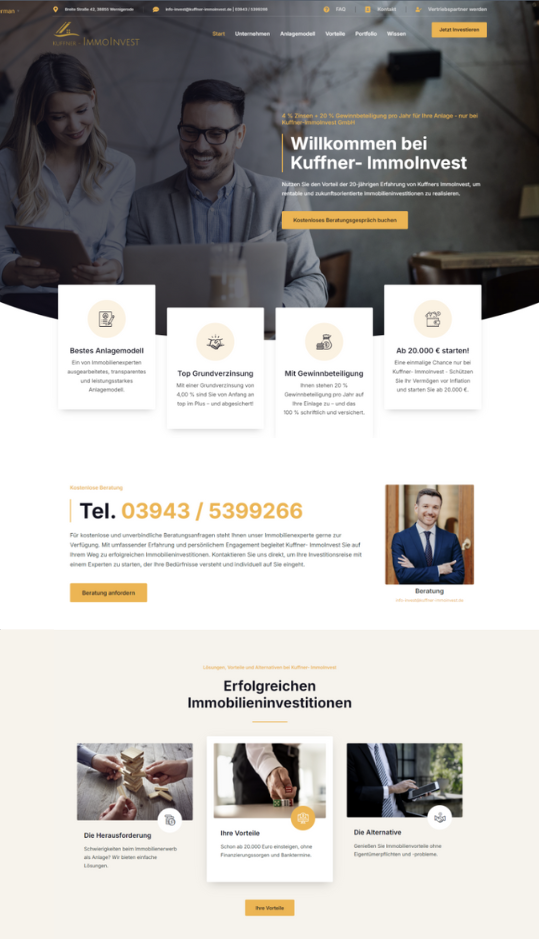 Screenshot der neuen WordPress-Website von Kuffner ImmoInvest mit Fokus auf transparente Anlageangebote und klarer Nutzerführung.