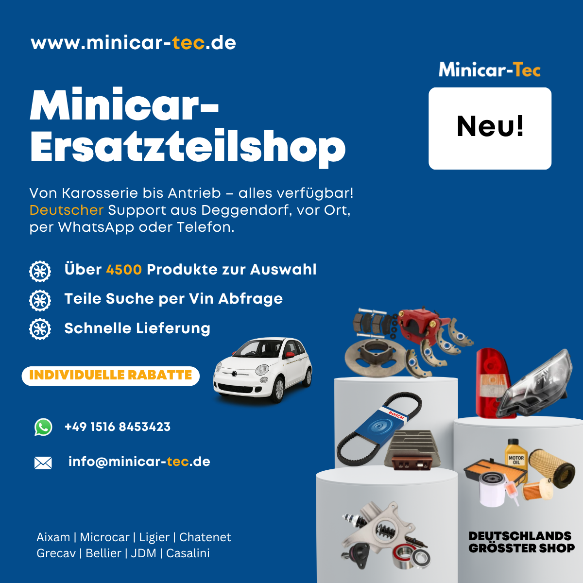 Digitales Anzeigenmotiv von Minicar-Tec mit Fokus auf schnelle Lieferung und große Auswahl an Ersatzteilen.