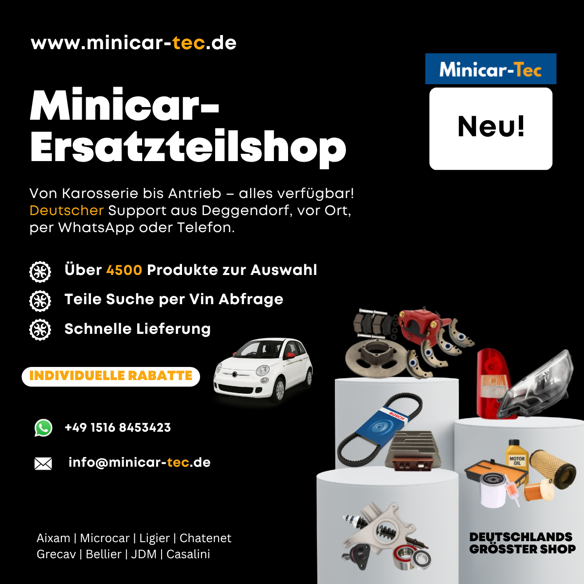 Werbeanzeige von Minicar-Tec zur Präsentation von Qualitäts-Ersatzteilen für Leichtmobile in Deutschland.