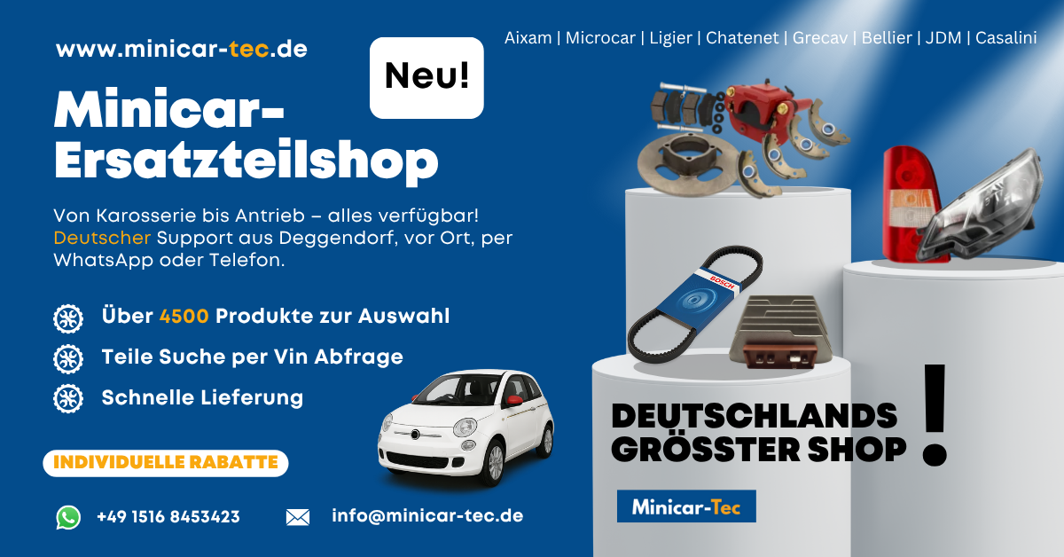 Digitales Werbemotiv für Minicar-Tec, Fokus auf Ersatzteile für Leichtmobile und Mopedautos, genutzt für Online-Kampagnen.