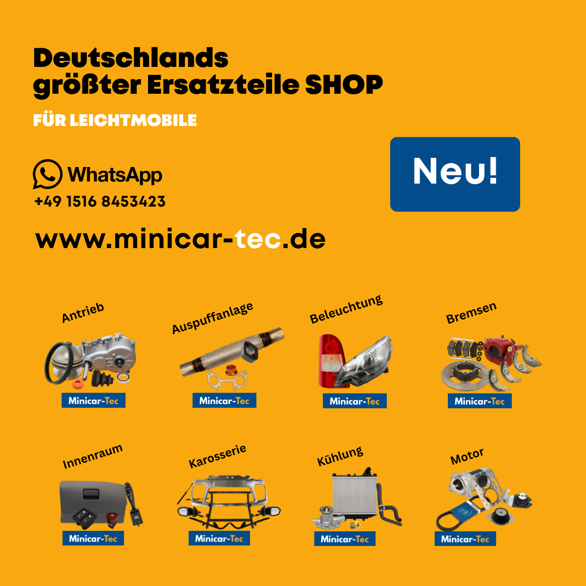 Digitales Ad-Visual für Minicar-Tec, das die größte Auswahl an Ersatzteilen für Minicars in Deutschland hervorhebt.