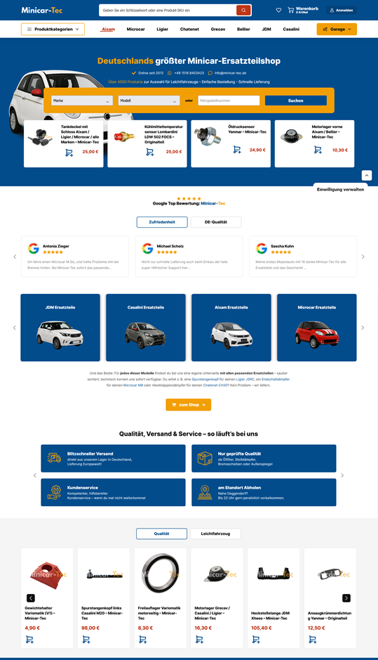Screenshot der Startseite von Minicar-Tec.de, dem größten Ersatzteile-Shop für Minicars und Leichtmobile in Deutschland, entwickelt von responsev.de