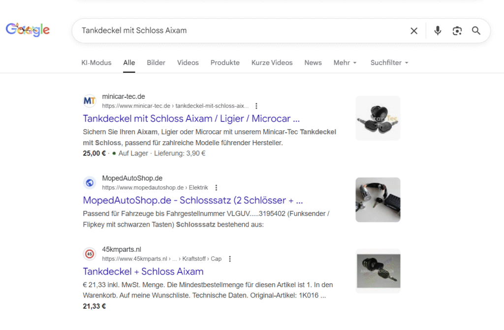 Top Google Ranking Keywords von Minicar Tec