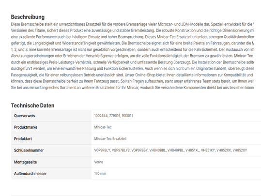 KI Automatisierte Produkt Page Detail Beschreibungen für Minicar-Tec