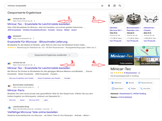 Optimierte Google Rankings für Minicar-Tec Organisch, ADS und Maps Eintrag